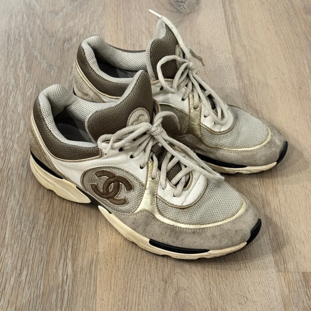 CHANEL Gray and White CC Logo Chunky Athletic Sneakers